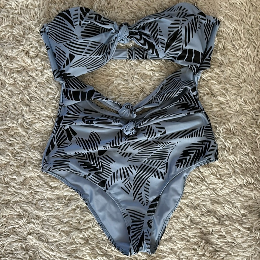 Aerie Blue and Black Leaf Print One Piece Swimsuit